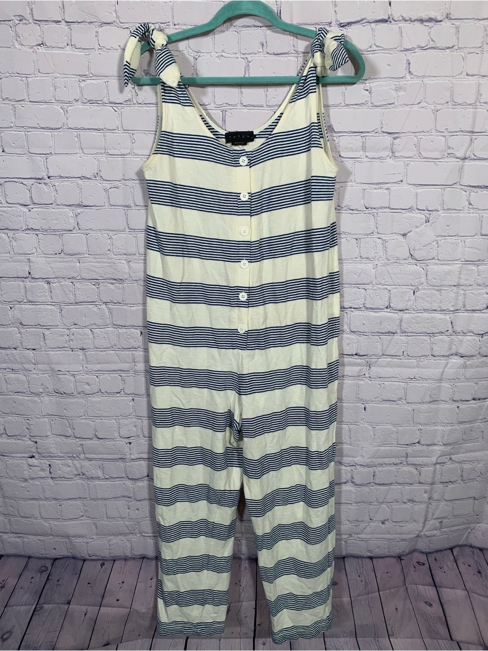 Hatch Womens Maternity Yuri Tie Shoulder Straps Jumpsuit White Blue Sz XS Beach